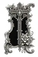 the cross of saint James with a scroll around it in a bed of flowers tattoo design idea