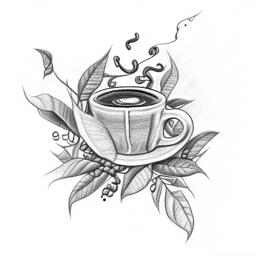 A detailed sketch of a coffee plant entwined with a latte art design tattoo design idea