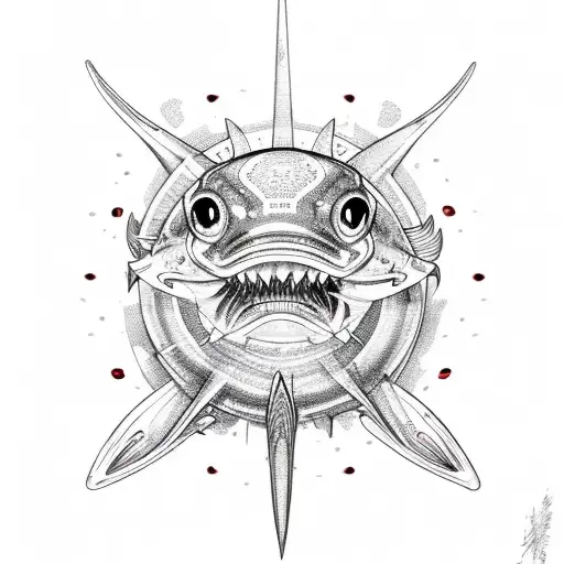 Fierce Pisces fish with razor-sharp teeth and glowing red eyes tattoo design idea