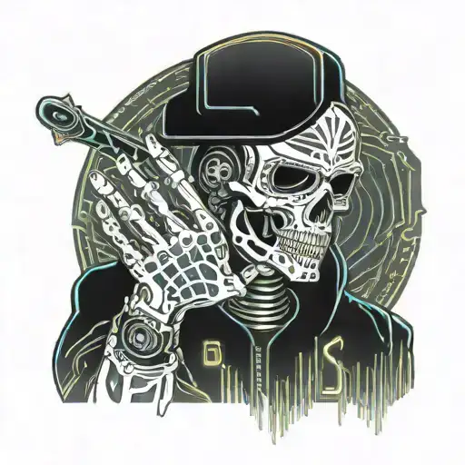 skeleton in welding mask welds frame of hand with sword tattoo design idea