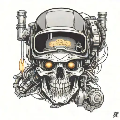 Sleeve, cyberpunk style. In the upper part of the sleeve, a skeleton in a welding helmet welds sheets of metal with argon, in the lower part tattoo design idea