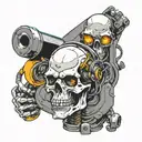 Sleeve, cyberpunk style. In the upper part of the sleeve, a skeleton in a welding helmet welds sheets of metal with argon, in the lower part tattoo design idea