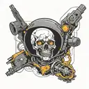 Sleeve, cyberpunk style. In the upper part of the sleeve, a skeleton in a welding helmet welds sheets of metal with argon, in the lower part tattoo design idea
