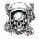 Sleeve, cyberpunk style. In the upper part of the sleeve, a skeleton in a welding helmet welds sheets of metal with argon, in the lower part tattoo design idea