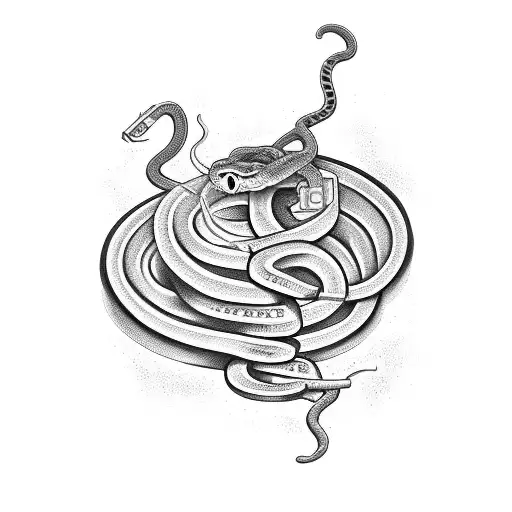 A snake coiled around a bricklayer's tool, with playing cards scattered around tattoo design idea