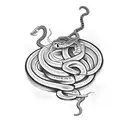 A snake coiled around a bricklayer's tool, with playing cards scattered around tattoo design idea