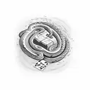 A snake coiled around a bricklayer's tool, with playing cards scattered around tattoo design idea