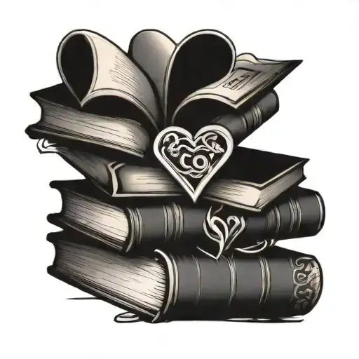 A stack of books forming a V shape with a heart in the center tattoo design idea