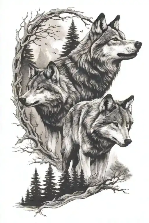 Upper Body half sleeve depicting a wolf pack in the woods  tattoo design idea
