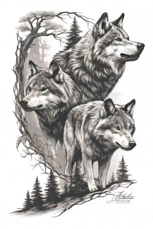Upper Body half sleeve depicting a 2 wolves with 2 cubs in the woods  tattoo design idea