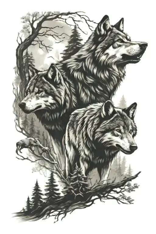 Upper Body half sleeve depicting a wolf pack in the woods  tattoo design idea