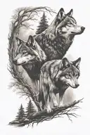 Upper Body half sleeve depicting a 2 wolves with 2 cubs  in the woods  tattoo design idea