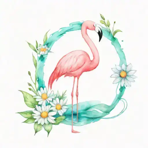 pink flamingo with 2 daisies   tattoo design idea