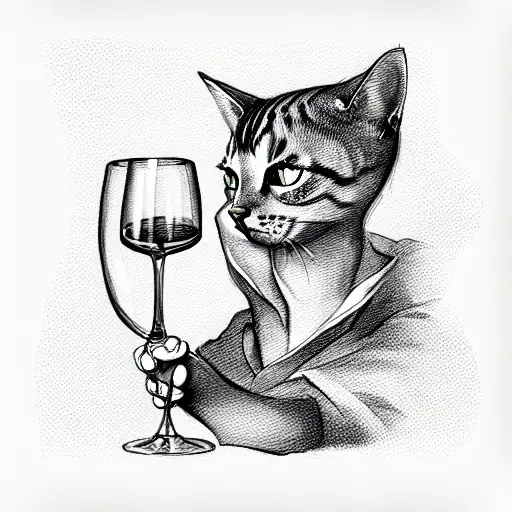cat with wine glass tattoo design idea