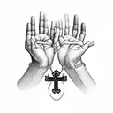 Praying hands with a rosary draped through with the words "SERENITY COURAGE WISDOM" on the outside in an inverted triang tattoo design idea