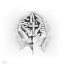 Praying hands with a rosary draped through with the words "SERENITY COURAGE WISDOM" on the outside in an inverted triang tattoo design idea