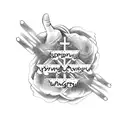 Praying hands with a rosary draped through with the words "SERENITY COURAGE WISDOM" on the outside in an inverted triang tattoo design idea