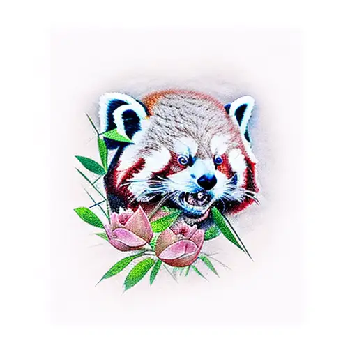 red panda with bamboo and lotus flowers tattoo design idea