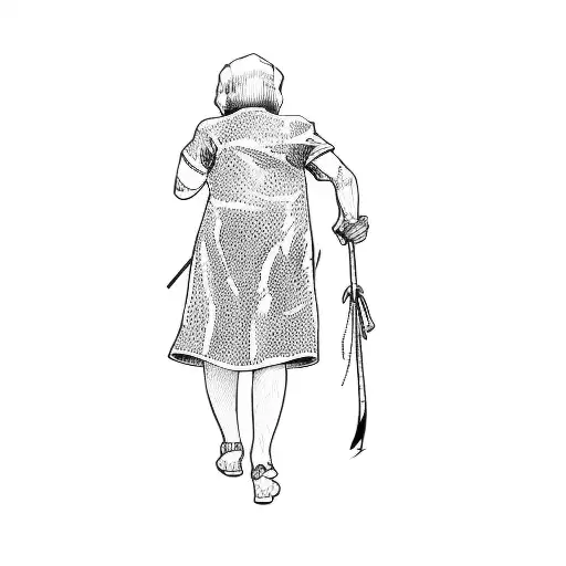 a woman walking with a cane in the dark tattoo design idea