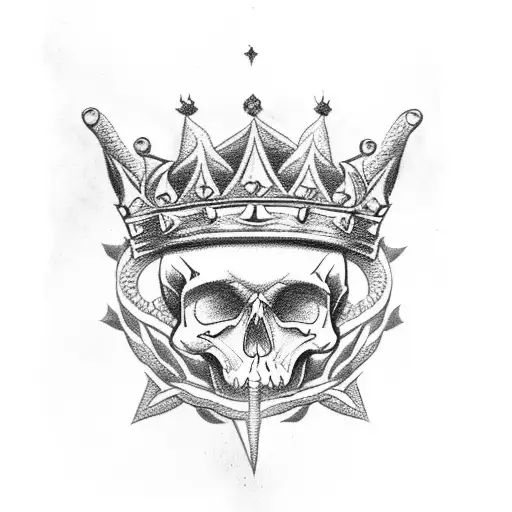 Crown with fire and on top of human skull tattoo design idea