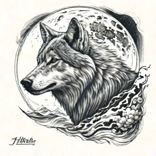 Un acantilado, de noche con luna llena, la cara de un lobo arriba la luna tattoo design idea