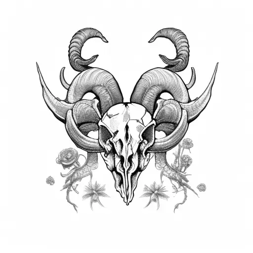 Ram skull, insects, florals, chest and collarbone placement tattoo design idea
