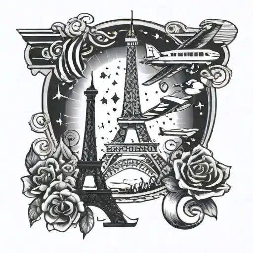Eiffel Tower, paw print, airplane and start night tattoo design idea