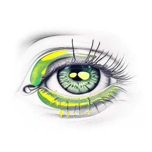 a green and yellow eye with tears that are also green and yellow  tattoo design idea