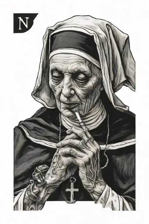 nun smoking, black eyes tattoo design idea