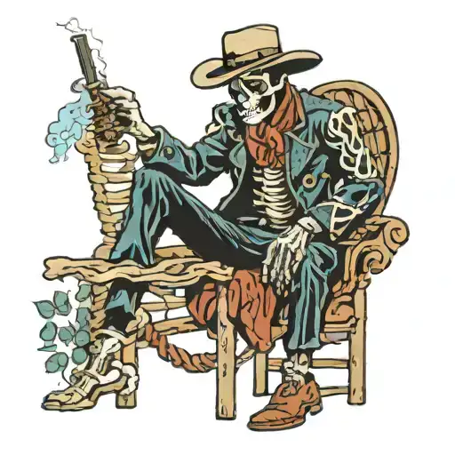 Ukiyo-e syle skeleton cowboy wearing a scarft , smoking a cigar  tattoo design idea