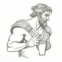 A Roman Gladiator drinking a coffee from  an espresso cup tattoo design idea
