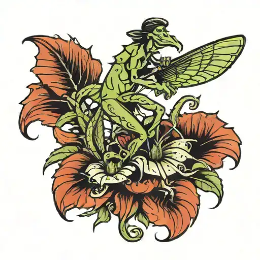 stick figure riding Venus fly trap tattoo design idea