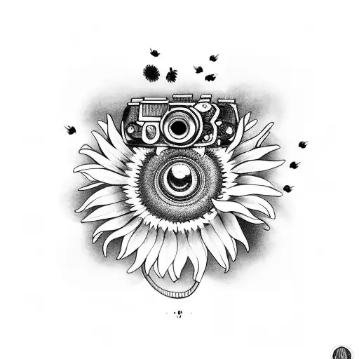 A vintage movie camera surrounded by sunflowers and bees tattoo design idea