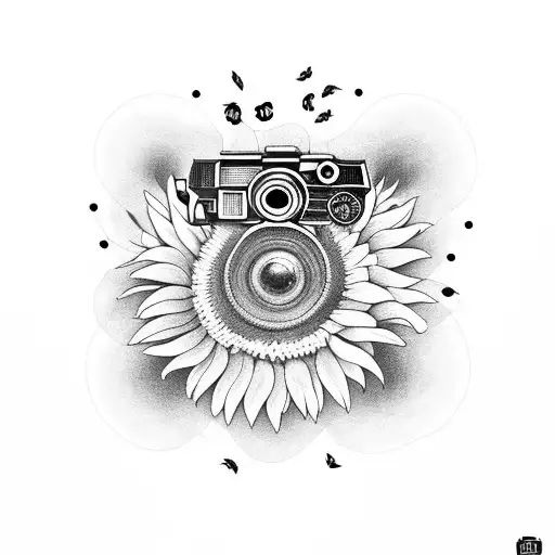 A vintage movie camera surrounded by sunflowers and bees tattoo design idea