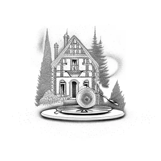 A record player with music notes and a French cottage in the background tattoo design idea