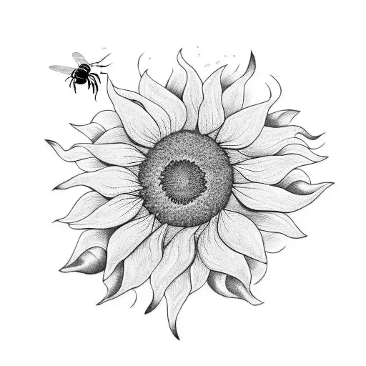 A blackwork tattoo of a sunflower with a hidden bee design tattoo design idea