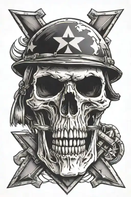 Ww2 skull wearing Helmet with iron cross at the battlefield tattoo design idea