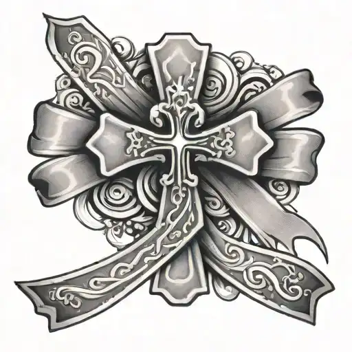 Cross with a gray brain cancer ribbon draped across the back tattoo design idea