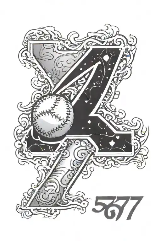 the number 57 with shading and the bottom right of the number covered with a softball outline  tattoo design idea