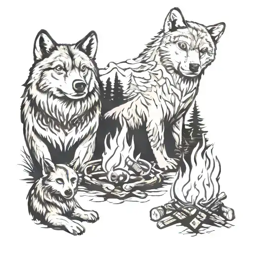 A black-grey tattoo of a group of animals - a wolf, bear, and eagle - gathered around a campfire, representing the client's favorite things and passion for camping tattoo design idea