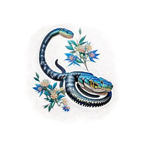 Australian south west carpet python surrounded by native Australian flowers and foliage tattoo design idea