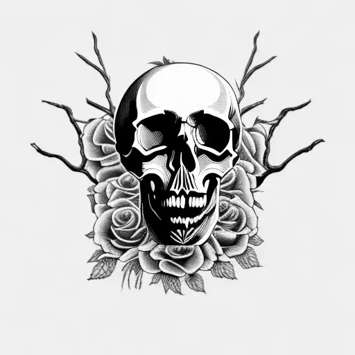 skull with dead tree and purple rosed tattoo design idea