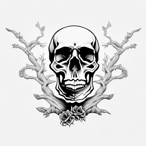 skull with dead tree and purple rosed tattoo design idea