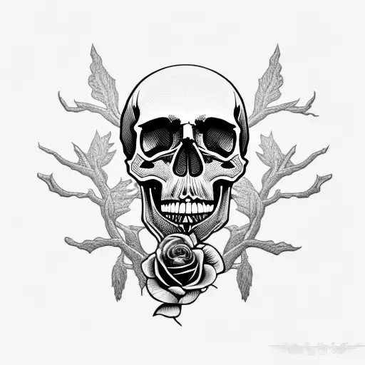 skull with dead tree and purple rosed tattoo design idea