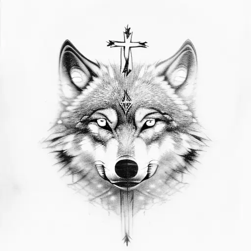 A wolf face surrounded with trees with a Cross tattoo design idea