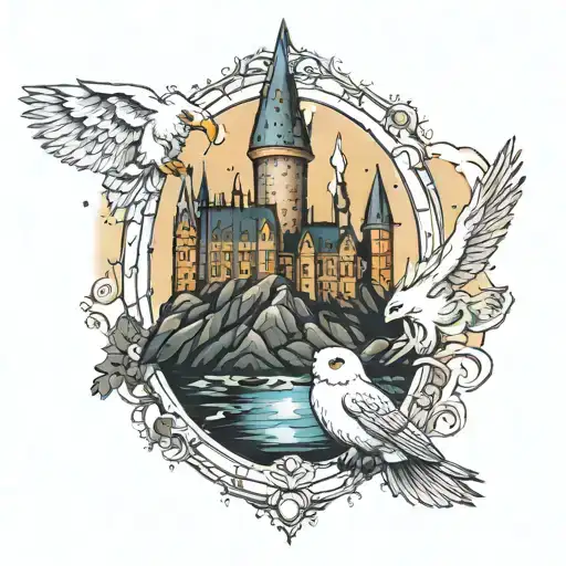 hogwarts castle and hedwig and hogwarts express and sorting hat and night sky tattoo design idea