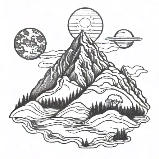Aquarius zodiac, mountain, Saturn, nature scene tattoo design idea