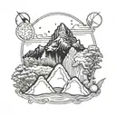 Aquarius zodiac, mountain, Saturn, nature scene tattoo design idea