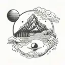 Aquarius zodiac, mountain, Saturn, nature scene tattoo design idea