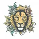 lion face full colour with flowers a book and a hour glass bicep tattoo  tattoo design idea